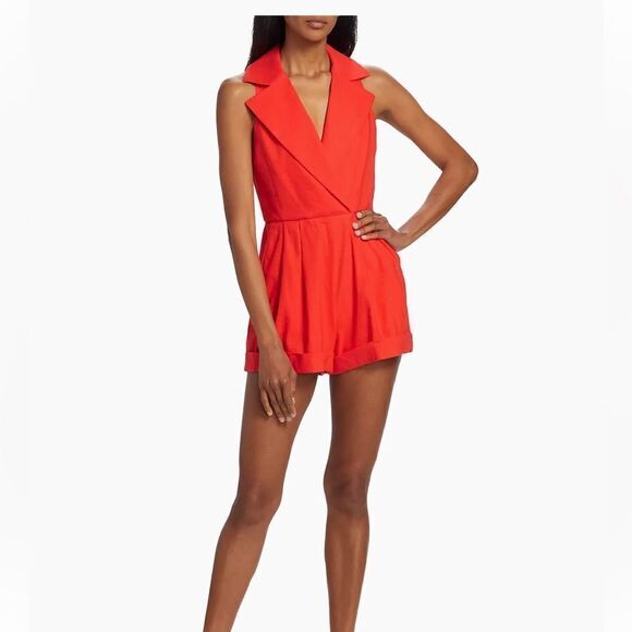 Alice + Olivia Meritt Linen-Blend Romper size 6 Color-Chili Pepper $440 - Picture 4 of 12